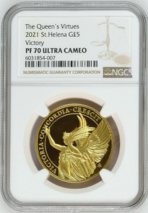 世界8枚 2021年 セントヘレナ 勝利の美徳 ビクトリー 5ポンド 1オンス 1oz プルーフ 金貨 天使 NGC PF70 ULTRA CAMEO