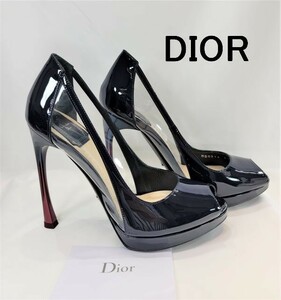 【新品】DIOR MIRAGE クリスチャンディオール　パテントレザー ネイビー　オープントゥ　パンプス 36 KDP187VIVS06N