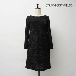 美品 STRAWBERRY-FIELDS ストロベリーフィールズ ラメ リボンデザイン ツイード膝丈ワンピース 裏地あり レディース 黒 サイズSM*GC523