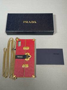 新品 未使用 PRADA iPhone XS Max スマホ ケース iPhoneケース プラダ ロゴ 22 サフィアーノ レッド 赤 メタル 本革