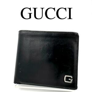 GUCCI グッチ 折り財布 ワンポイントロゴ ロゴ金具 ブラック レザー