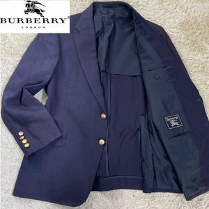 1円〜 【美品！希少！】 バーバリー BURBERRYメンズ テーラードジャケット リネン100 ピュアリネン 金ボタン 紺ブレ L相当 