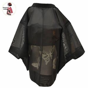 1円 美品 長羽織 夏物 絽 黒色 蝶文様 身丈81cm 同梱可 【kimonomtfuji】 1nfuji44184