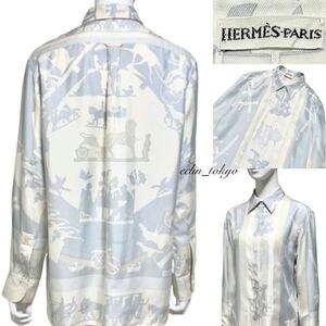 【E3112】新品同様！HERMES エルメス《最高級！シルク100%》馬車柄 カレ HERMES PARISロゴ シャツ ブラウス【清潔感溢れる鮮やかブルー】38