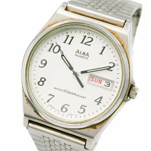 1円 稼働 SEIKO セイコー ALBA アルバ V743-8A10 QZ クオーツ デイデイト 3針 シルバー文字盤 メンズ SS 腕時計 ラウンド 314220240423