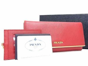 1円 PRADA プラダ 1M1132 サフィアーノレザー 二つ折り カードケース付き 長財布 ウォレット 小銭入れ 札入れ レディース レッド系 FA4612