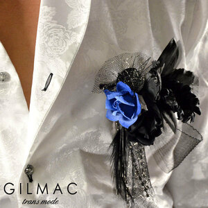 ◆k1705-4 GILMAC 薔薇 バラ ローズ フェザー 黒レースリボン コサージュ メンズ(ブルー青ブラック) 2way 結婚式 パーティー ブローチ 紳士