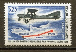 7829◇フランス　1968年　航空郵便ロレーヌ号と空路地図　1種完　NH
