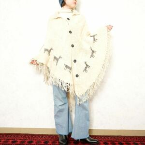 USA VINTAGE ANIMAL DESIGN FRINGE WOOL CAPE COAT PONCHO/アメリカ古着アニマルデザインフリンジウールケープコート(ポンチョ)