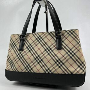 1円〜【入手困難品】 BURBERRY バーバリー ベージュ キャンバス ノバチェック レザー ハンドバッグ ブラック 黒 バケツ型 手提げ鞄