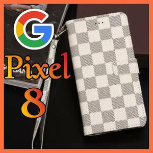 Google Pixel 8 ケース手帳型 白色 チェック柄 PUレザー 高級デザイン 耐衝撃 カード収納 おしゃれ　グーグルピクセル8カバー　ホワイト