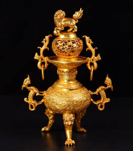 ▽鴻▽ 銅製 塗金 三節龍耳熏香炉 置物 古賞物 中国古玩 中国古美術