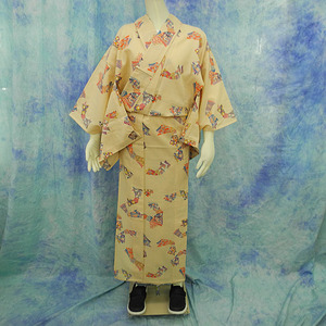 （57）単衣　ウール　wool 羽織　絵羽柄　アンサンブル　着物 pre-owned　　中古　Japanese Kimono　153cm 60inch