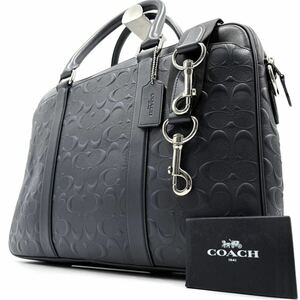 1円《未使用保管品》COACH コーチ 2way ビジネスバッグ ブリーフケース メンズ エンボスシグネチャー A4 PC◎ レザー ショルダー ネイビー