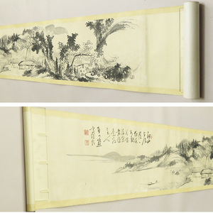 B-3124【真作】田能村直入 肉筆紙本 山水図 巻物/南画家 豊後 竹田 南宗画学校 書画