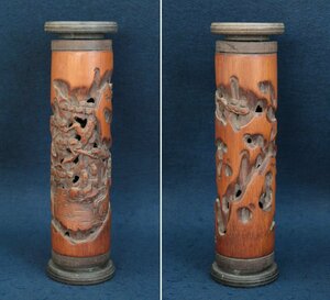 中国の古い香筒　刻人物竹線香立　香具　仏具　唐物　中国美術工芸品