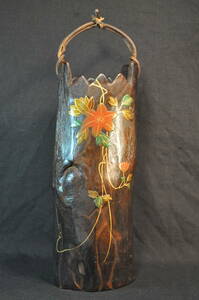 昭和レトロ　匠の技　銅象嵌　花模様　木製　一輪挿し　花瓶　295x120㍉　取手高60ミリ　箱365x85x80　