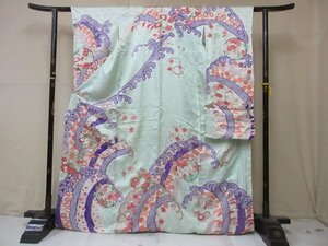 1円 良品 正絹 着物 振袖 縮緬 式典 和装 和服 水色 花丸 波 花柄 花唐草 高級 袷 身丈157cm 裄64cm ◆逸品◆【夢職】★★★★