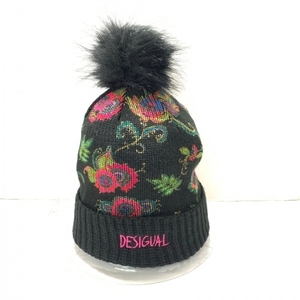 デシグアル Desigual ニット帽 - アクリル 黒×マルチ ペイズリー柄 美品 帽子
