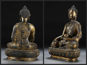 【瓏】古銅彫 塗金釈迦牟尼仏坐像 明時代 大明永楽年施款 古置物擺件 銅仏像 仏教文化 蔵出