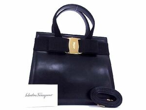 1円 ■極美品■ Ferragamo フェラガモ BA214178 ヴァラリボン レザー 2WAY ハンドバッグ ショルダー ブラック系 AP0859