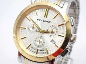 稼働品☆1円～☆BURBERRY バーバリー QZ メンズ腕時計 クロノグラフ デイト BU1374 コンビカラー シルバー文字盤/62674-7