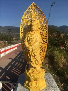 上品/綺麗 仏教工芸品 木彫仏教 檜材 精密彫刻 仏師で仕上げ品 観音菩薩立像 高27cm