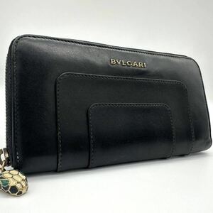 1円/美品● ブルガリ BVLGARI 長財布 ウォレット ラウンドファスナー ジップ セルペンティ フォーエバー 黒 ブラック レザー