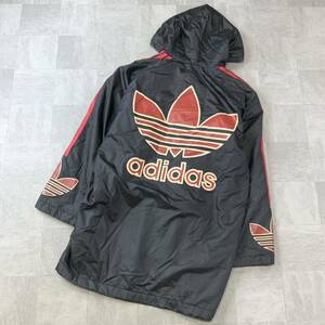 80‘s 90‘s adidas アディダス ビッグトレフォイル 内ボア 中綿 ベンチコート メンズ Lサイズ ブラック レッド アウトドア サッカー