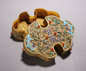  ▽鴻▽清・純銀塗金・花絲焼藍・寿字紋蓋盒 時代物 中国古美術 骨董品