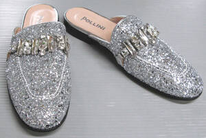ポリーニ：銀ラメ 石付き サンダル 38 新品 （ 未使用 パンプス 本革 POLLINI Silver Glitter Leather Sandals 38 Brand New MADE IN ITARY