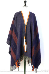 ■ 美品 HERMES Poncho Rocabar エルメス ポンチョ ロカバール 定番色 ブルー・マリヌ マルチカラー (Made In France) 紺色 正規品 ■