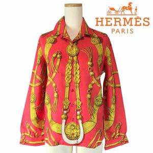 j194 良品 HERMES エルメス シルク100% 長袖シャツ ブラウス トップス スカーフ柄 silk 絹 朱色 38 フランス製 正規品 ヴィンテージ 