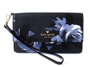 E17398 新品同様 極美品 Kate Spade ケイトスペード 携帯電話ケース スマホケース カードケース ストラップ付 花柄 PVC ブラック系 黒
