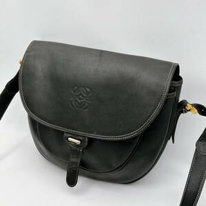 1円【最高級】LOEWE ロエベ ショルダーバッグ トート アナグラム フラップ ロゴ型押し ゴールド金具 オールレザー 本革 ブラック 斜め掛け