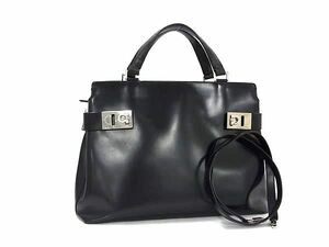 1円 Salvatore Ferragamo フェラガモ DYー21 0166 ガンチーニ パテントレザー 2WAY ハンドバッグ トート ショルダー ブラック系 AW8537