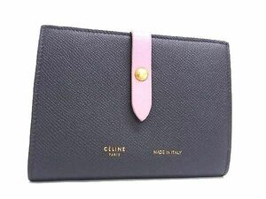 1円 ■美品■ CELINE セリーヌ ミディアム ストラップ レザー 二つ折り 財布 ウォレット レディース ダークグレー系×ピンク系 FC4064