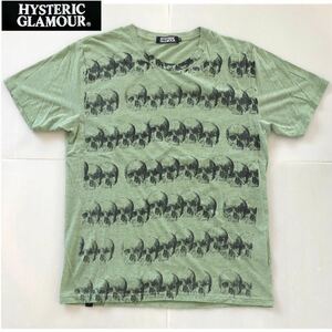 髑髏★HYSTERIC GLAMOUR /フロント スカル総柄 Tシャツ Mライトグリーン★骸骨 ドクロ ガイコツ 半袖プリント シャツ/ヒステリックグラマー