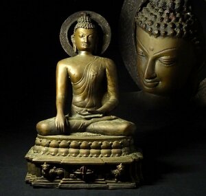 仏教美術　銅製　唐物 中国美術 古玩 古美術 骨董品 寺院　タイ仏像　釈迦如来坐像　高約44cm　(検)仏像
