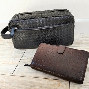 【訳アリ】BOTTEGA VENETA ボッテガ ヴェネタ イントレチャート ２つ折り 財布 ラム レザー 手帳型 ブラウン／未使用 セカンドバッグ