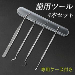 歯石取り器具 4本セット 歯間 ヤニ 歯垢取り デンタルツール 自宅用 口臭予防 歯石取り スケーラー 歯石取り ケース付き ステンレス製