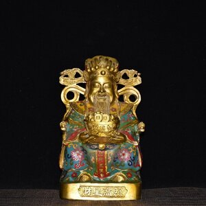 ◆古寳堂◆清 乾隆年製款 銅製 景泰藍 琺瑯彩 塗金 坐財神像 仏教古美術 供養品 極細工 古置物 古擺件 中国古美術 時代物 古董品