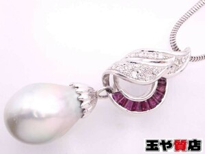 バロックパール13ミリ ルビー0.89ct ダイヤ0.30ct デザインペンダント ネックレス pt850 pt900 プラチナ