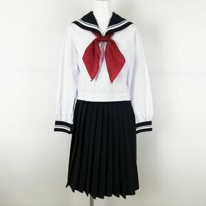 1円 セーラー服 スカート スカーフ 上下3点セット 中間服 白2本線 女子 学生服 中学 高校 白 制服 中古 ランクC NA0473