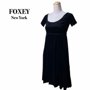 FOXEY New York フォクシーニューヨーク ベロア半袖ワンピース 黒ブラック38 M ドレス