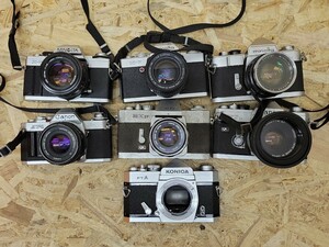 D 当時物 フィルムカメラ 7点まとめて Canon MINOLTA Konica キャノン ミノルタ コニカ 一眼レフ レンズセット マニュアルフォーカス