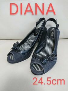 超美品【DIANA ダイアナ】デニム オープントゥ サンダル ミュール パンプス リボン インディゴブルー リボン レザー ステッチ 24.5cm