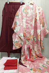 袴セット　卒業式　エンジ色　ピンク花柄　着物　袴田　長襦袢　半帯　約160cm