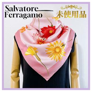 サルヴァトーレ　フェラガモ　Salvatore Ferragamo スカーフ　ピンク　絹　シルク　フラワー　花　未使用品