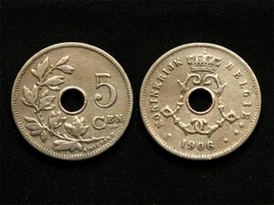 【ベルギー】 5サンチーム 1906年 白銅貨 Belgie 穴あき　4年のみ